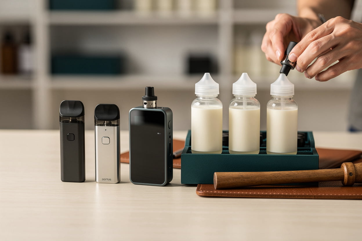 XavesVapes shop counter displaying vape juice bottles and vape gear for local vapers